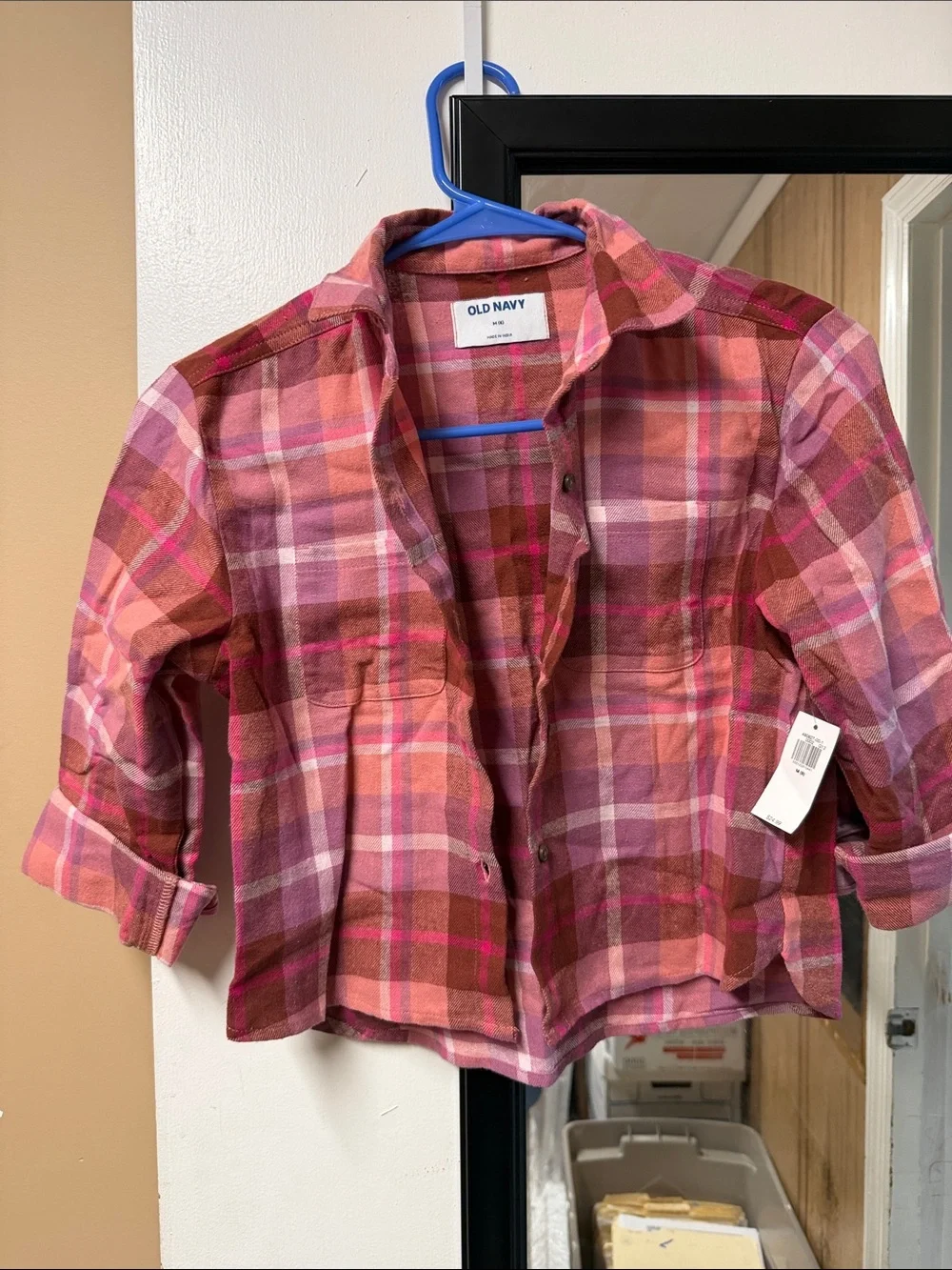 Old Navy Girls' Pink and Brown Plaid Button-Down Shirt